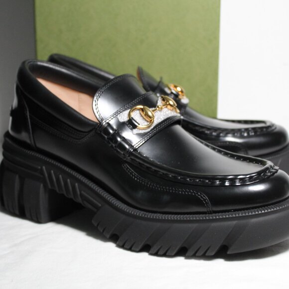 NWB Gucci Horsebit Moccasin Magnum Lug Heels Soles Loafers 40 Black 656869 - Picture 1 of 7